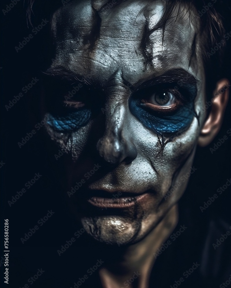 Close-up of man's face with blue and black makeup in skeleton costume
