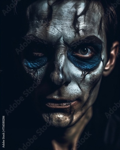 Close-up of man's face with blue and black makeup in skeleton costume 