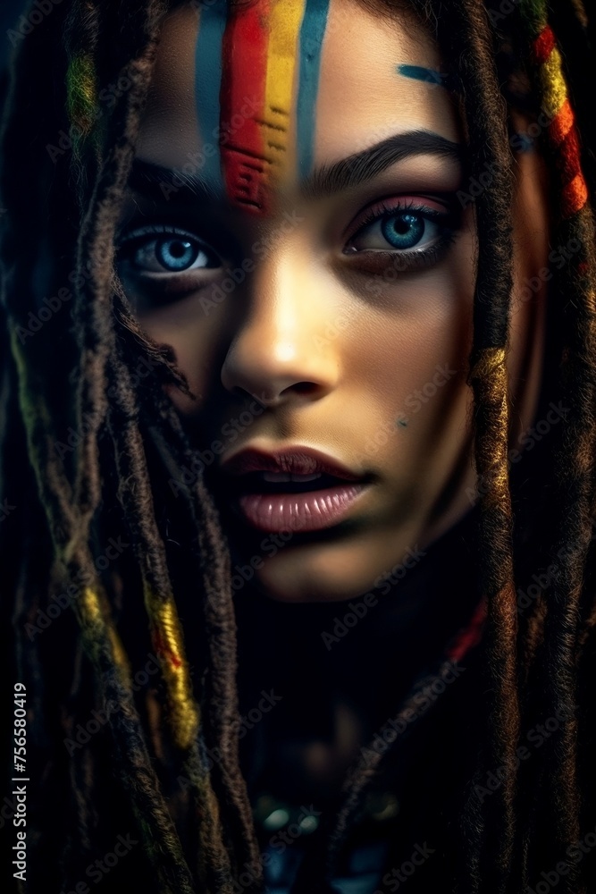 Portrait of a woman with dreadlocks and colorful makeup
