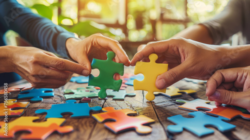 Group of hands connecting colorful puzzle pieces, symbolizing teamwork