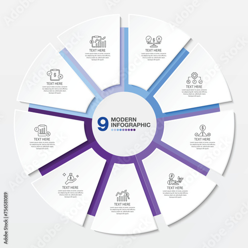 Blue tone circle infographic with 9 steps, process or options.