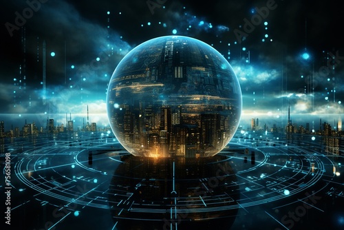Cybernetic planet wrapped in a grid of information