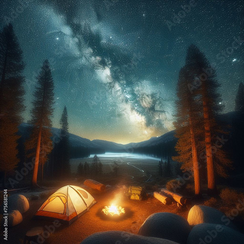 A wide shot of a small campsite nestled in the woods with a tent pitched under the starry night sky, A peaceful campsite with a tent a fire, generative AI

