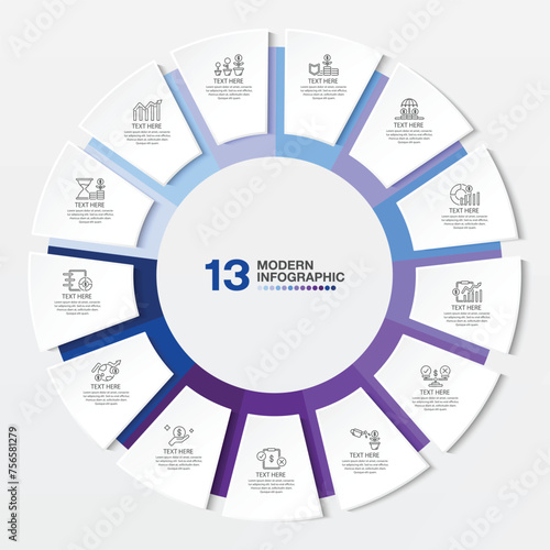 Blue tone circle infographic with 13 steps, process or options.