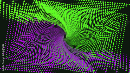 Neon lighting green purple line on black background. Optical illusion. Dots. Innovation technology concept. Art trippy geometric digital screen. Backdrop. NFT card. Virtual reality. Big data. Tech