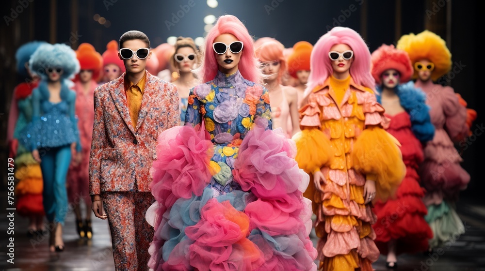A dazzling fashion runway bursting with multicolor outfits