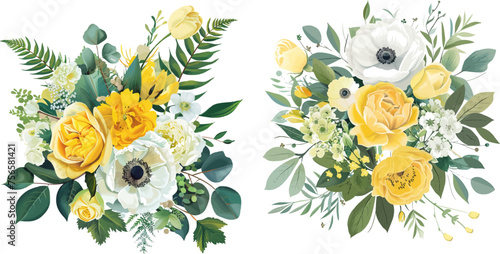 spring garden flowers, eucalyptus, greenery, fern, vector design arrangement photo