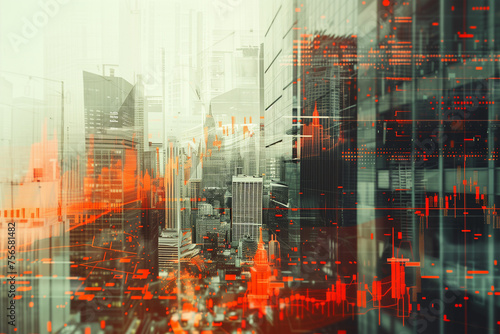 Double exposure of abstract financial chart with world map on office buildings background  research and analytics concept