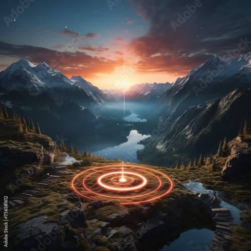 Achievement target concept visualized as a glowing archery target on a mountain peak