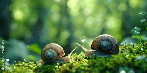 Snails gracefully glide on mossy forest floor releasing skinfriendly glycolic acid . Concept Nature, Forest, Snails, Glycolic Acid, Skin Care photo