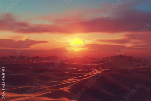 Sunset, dawn over sand dunes in the desert. Beautiful view of the desert