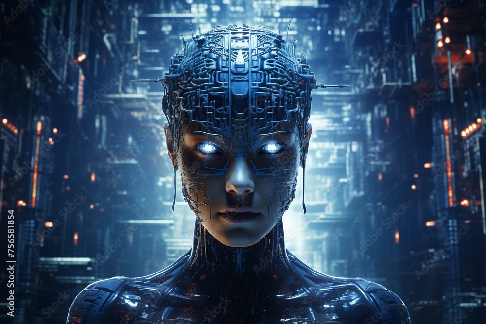 Cybernetic intelligence awakening within a labyrinth of smart circuits - obrazy, fototapety, plakaty 