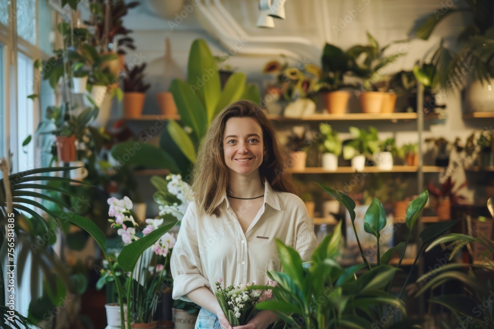 realistic photo of the flower shop with plants, standing at the counter working, smiling, realistic photo of the flower shop with plants, standing at the counter working, smiling,