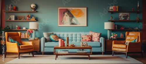 Stylish vintage living room decor with retro elements.