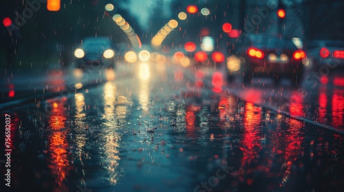 A rainy urban street at night, with vibrant reflections of city lights on the wet surface creating a moody atmosphere.