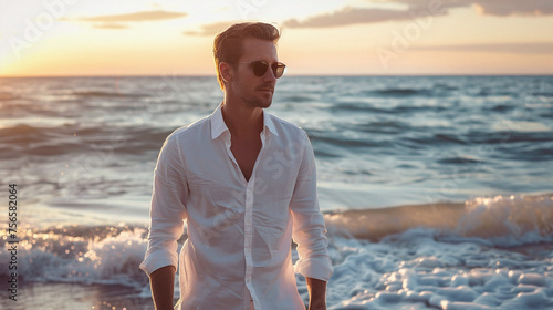 A young European tourist strolls along the beach wearing a white dress and sunglasses. Ai generate. photo