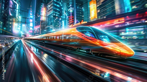 A futuristic high-speed train races through a neon-lit cityscape, creating a blur of light and motion.