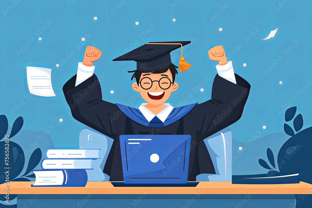 Obraz premium Online education concept. Young man in graduation cap and gown celebrating white using laptop.