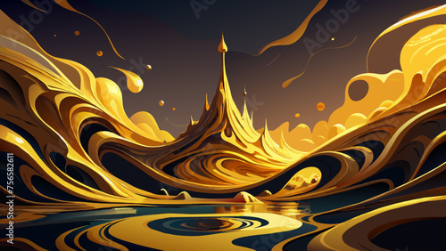 Green paints poured onto paper. Shiny golden veins and a crackled marble texture. 
