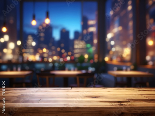 Wooden cafe table bokeh background, empty wood desk, restaurant tabletop counter in a bar or coffee shop surface product display mockup with blurry city lights backdrop presentation. Mock-up © Mahmud