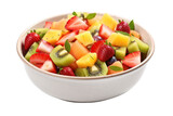 A colorful, vitamin-packed fruit salad featuring watermelon, strawberries, kiwi, mango, orange and grapes, topped with a honey-lime vinaigrette. Isolated on a transparent background.