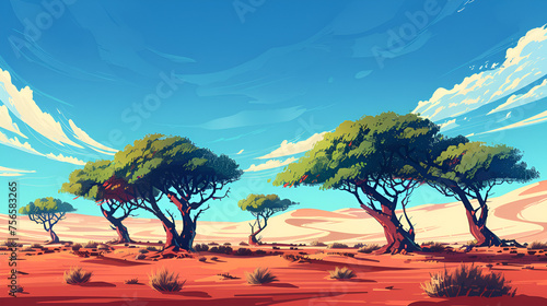 illustration of a group of scenic trees in desert  Islands  a collection of islets. Generative Ai