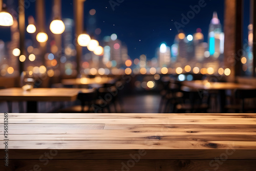 Wooden cafe table bokeh background, empty wood desk, restaurant tabletop counter in a bar or coffee shop surface product display mockup with blurry city lights backdrop presentation. Mock-up