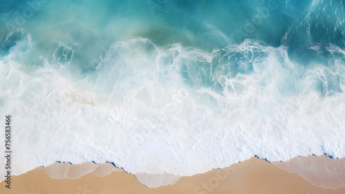 High angle view of sand beach and blue turquoise sea wave