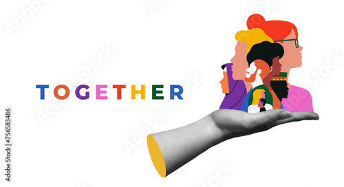 Diverse people face together and hand collage style vector illustration