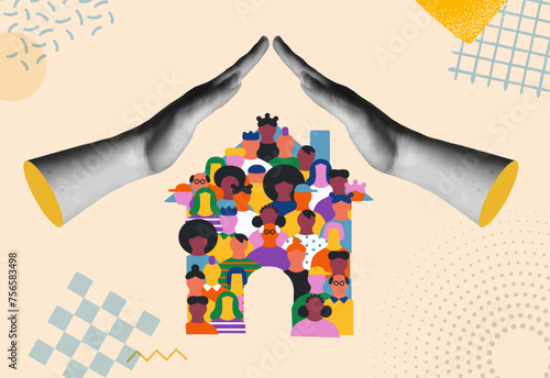Hands covering a house and people for home protect in retro collage illustration