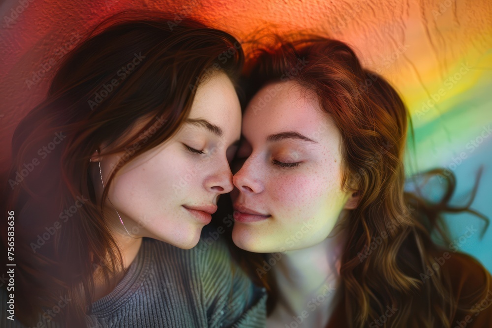 two lesbians, rainbow on the background, photo, realism