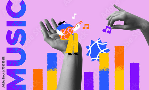 Girl playing guitar and human hands collage, music concept vector card.