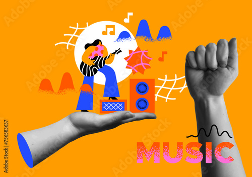 Music concert girl playing guitar human hands in retro collage vector illustration
