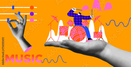 Music man playing drum human hands in retro collage vector illustration