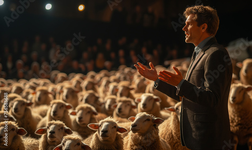 Political campaign satire with politician giving speech to a flock of sheep photo