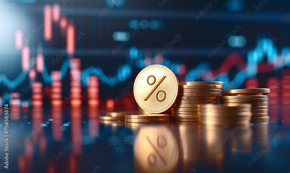 Stacks of coins and percentage symbol showing idea of interest rates Stacks of coins and percentage symbol showing idea of interest rates