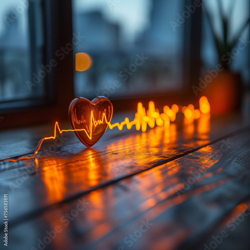 Heart pulse background in glowing orange light photo