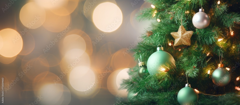 A close up of an evergreen Christmas tree adorned with holiday ornaments, lights, and decorations, standing tall as a symbol of the festive season A close up of an evergreen Christmas tree adorned with holiday ornaments, lights, and decorations, standing tall as a symbol of the festive season