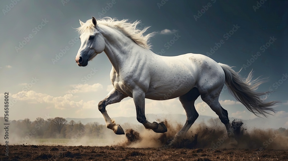 Obraz premium White horse running on the ground