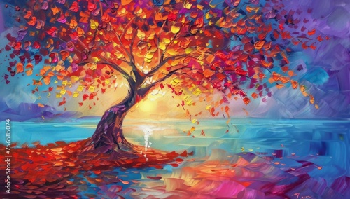A beautiful tree with vibrant red, orange and yellow leaves stands in the center of an oil painting on canvas This artwork gives off feelings of joy, warmth and tranquility Generative AI