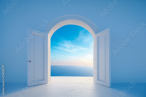Open Doorway to Serene Sky, Symbolizing Hope and New Horizons