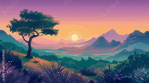 a painting of a sunset over a mountain range