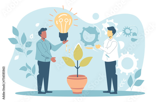 
A businessman is giving water to an earthen pot with a plant, while another man holds lightbulbs in his hand