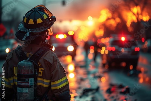A focused firefighter stands alert during a dangerous fire emergency, capturing bravery and urgency in the scene