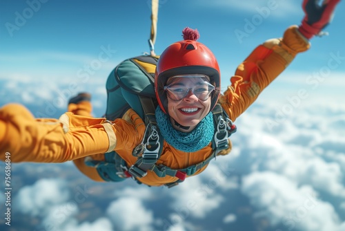 An adrenaline-filled scene depicts a skydiver in an orange jumpsuit freefalling above fluffy white clouds with a blurred face for privacy