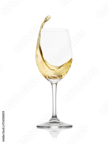White wine in a glass with splash isolated on white background