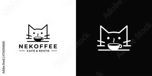 Creative Nekoffee Logo. Cat and Coffee Cup, Mug with Linear Outline Style. Cafe and Resto Logo Icon Symbol Vector Design Template.