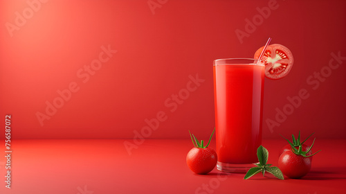 Glass with tomato juice and straw and tomatoes  ,fresh tomato juice on wood board closeup,a glass of tomato juice sits next to fresh tomatoes on a vibrant red background   © Raees