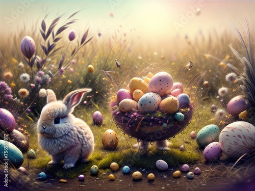 Easter poster with Easter eggs and bunny. Easter concept.