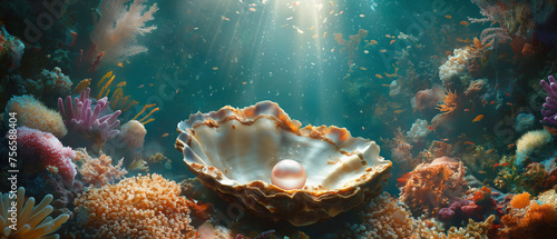 Exquisite pearl in a shell on a vibrant, sunlit underwater coral reef photo